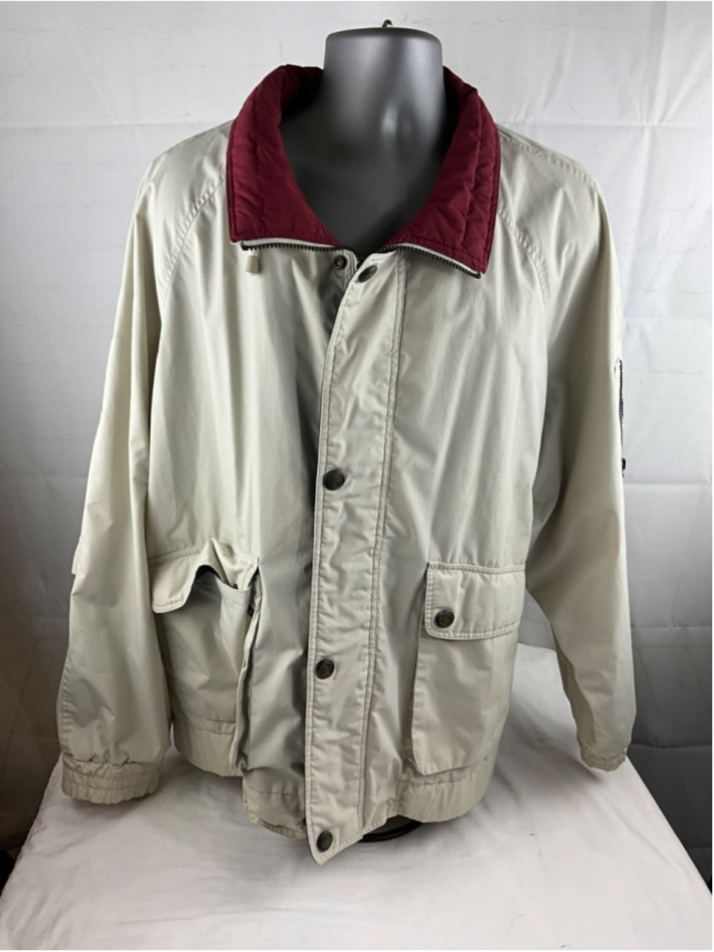 London Fog Men's Khaki Bomber Jacket XL Zip Liner Missing Chest 27 Length 29 Use